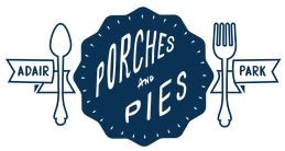 Atlanta food festival logo for Porches and pies featuring a pie, spoon, and fork illustration and Adair Park banner
