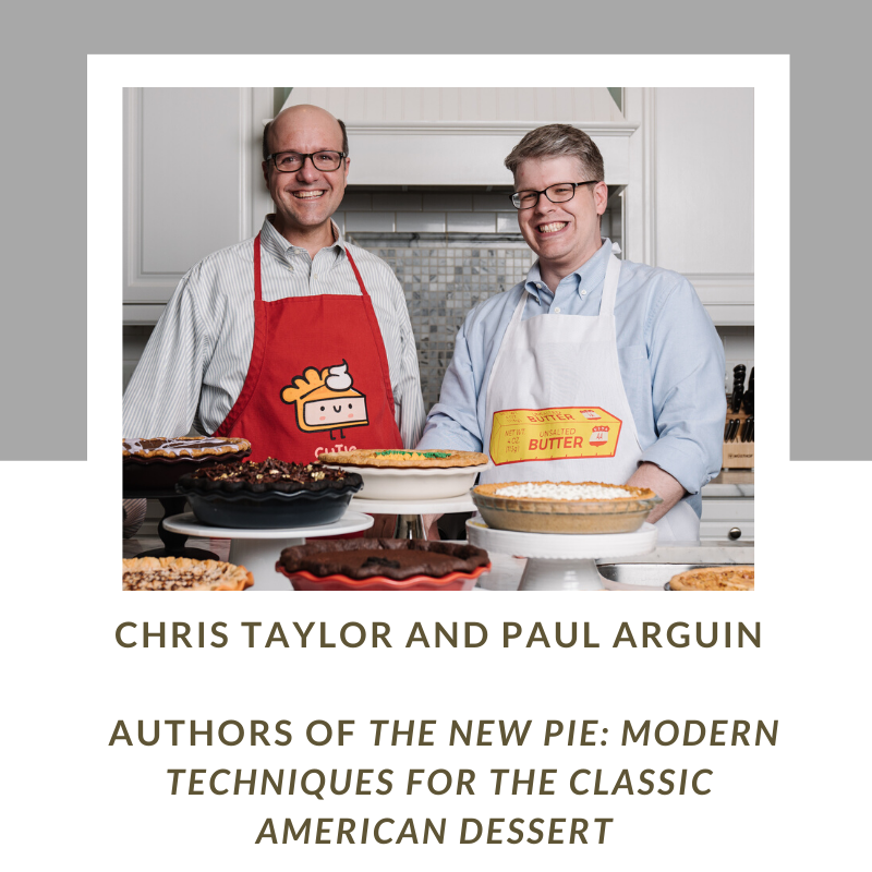 Two chefs smile in contemporary Atlanta kitchen. Award-winning pies are on display. The men are cookbook authors attending Atlanta's favorite food festival 